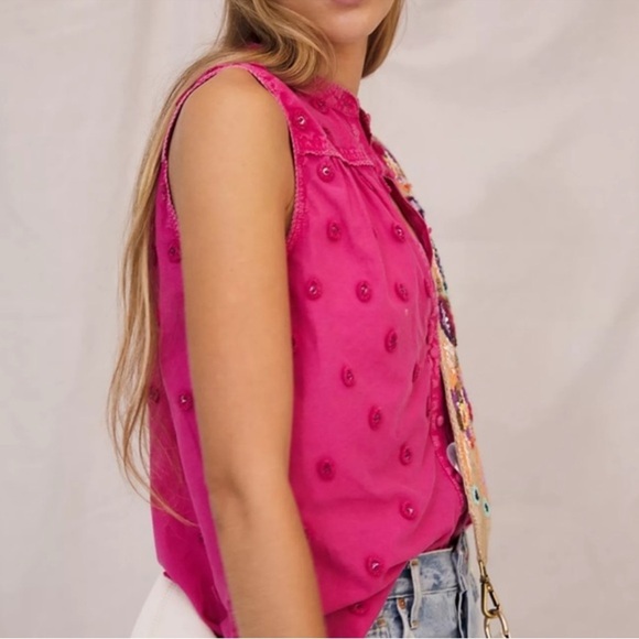 Anthropologie Pilcro Adira Beaded Button Down Hot Pink Top Women’s Size Medium - Picture 3 of 6